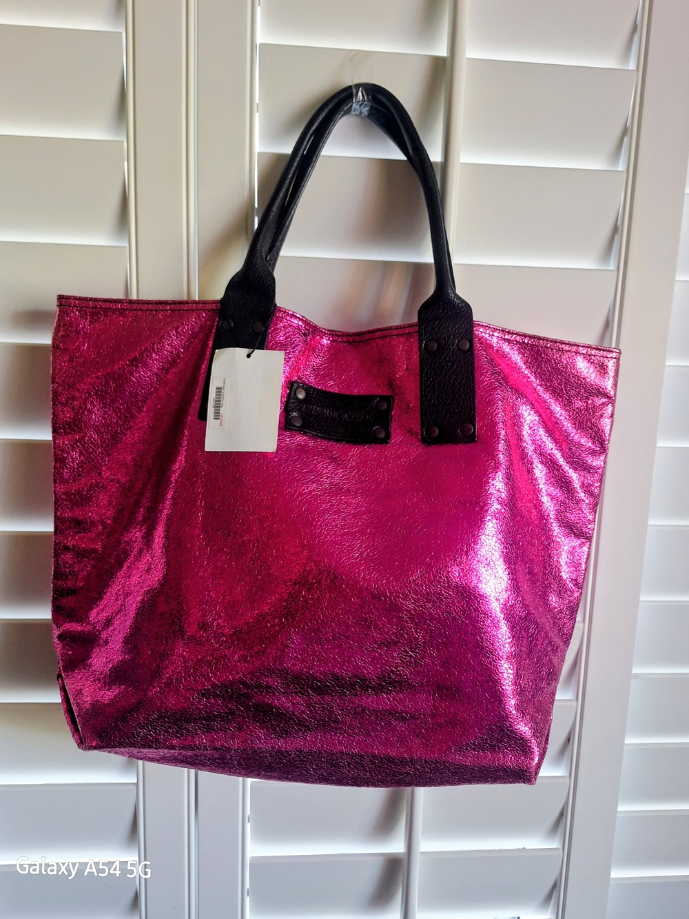 Stephane Verdino Metallic Pink Tote Bag with Black Handles